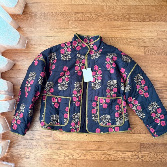 Anthropologie Jackets & Blazers - ANTHROPOLOGIE Quilted Floral Jacket in Black with Pink Flowers